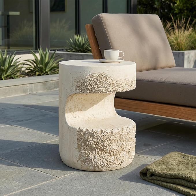 Merax Outdoor Patio Side Table, Modern Organic MGO Round Accent Side Table, 20.25" Height Small End Table with Beige Tone Travertine-Look Textured for Poolish Garden Balcony