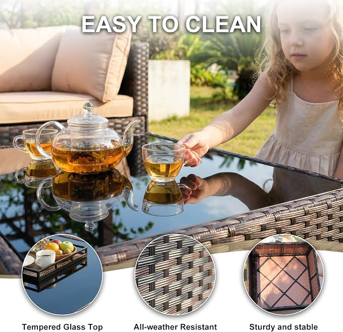 5 Pieces Patio Furniture Set with Glass Table, Outdoor PE Rattan Sectional Sofa with Soft Cushions for Backyard, Porch, and Poolside (Red, 5 PCS w/Table)