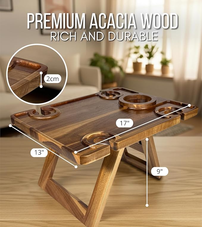 Portable Wine Picnic Table in Acacia Wood, Wine Charcuterie Board with Glass Holders, Outdoor Folding Wine Table for Beach, Park & Indoor Use, Gift for Wine Lovers