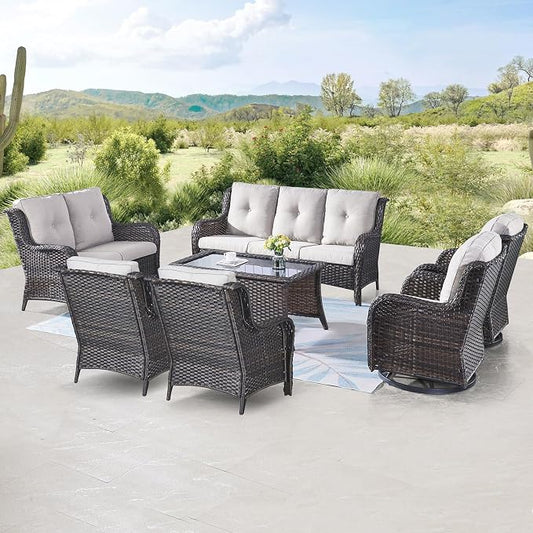 Belord 7 Piece Wicker Patio Furniture Set, Outdoor Swivel Rocker Chairs Set of 2 with Ottomans, 3 Seat Sofa and Loveseat, All Weather Patio Conversation Furniture Set, for Pool,Yard Brown Wicker/Beige