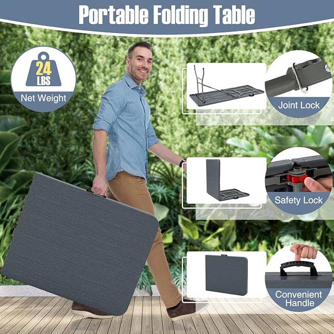 Goplus 6ft Plastic Folding Table, 350 LBS Indoor Outdoor Heavy Duty Portable Folding Tables with HDPE Tabletop, Handle, Lock, Foldable Rectangle Utility Card Table for Picnic, Party, Camping, Dining