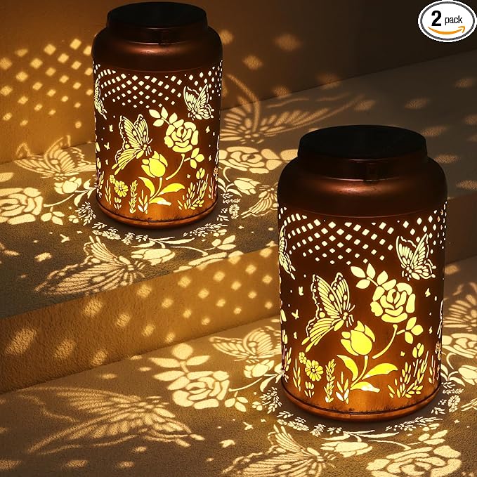 2 Pack Solar Lanterns Outdoor Waterproof, Butterfly Rose Garden Decor Birthday Gifts for Women Mom Grandma Hanging Solar Lights Metal Solar Decoration Outside for Yard, Patio, Lawn | Birthday Gifts for Women Mom Grandma Hanging Solar Lights Metal Solar...