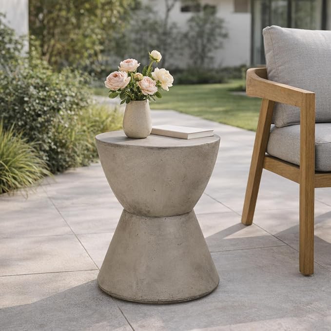 Outdoor Side Table Hourglass Concrete Side Tables Travertine End Table Faux Stone Small Coffee Tables for Patio, Garden Stool Plant Stand for Porch, Backyard, Waist Drum-Cement 15.25"*18"Liget Grey