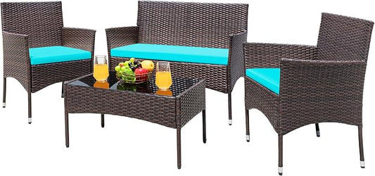Greesum Patio Furniture 4 Pieces Conversation Sets Outdoor Wicker Rattan Chairs Garden Backyard Balcony Porch Poolside loveseat with Cushion and Glass Table, Brown and Blue