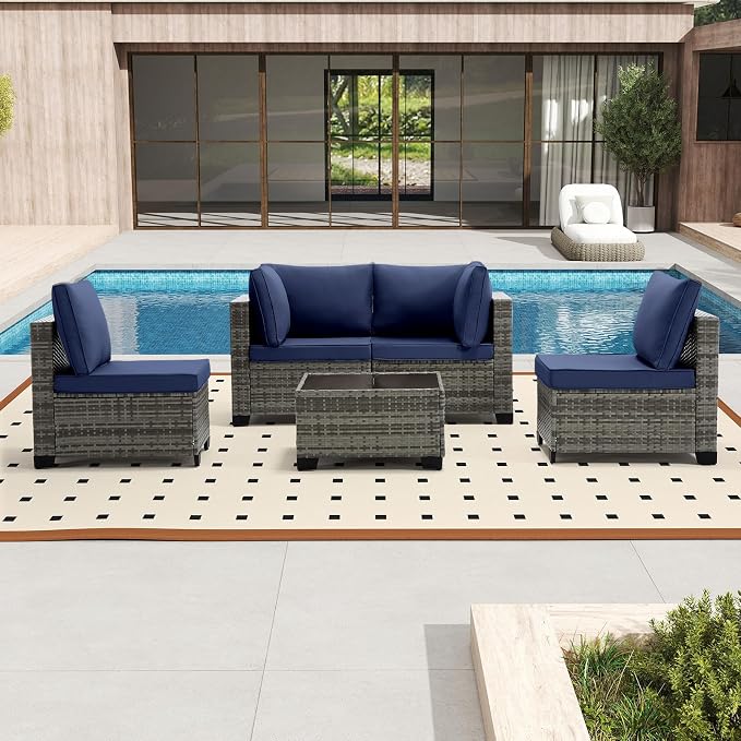 Bonzy Home 5 Pieces Outdoor Patio Furniture Set, PE Rattan Outdoor Sectional Furniture Sofa Set with Removable Cover and Glass Coffee Table, Patio Sofa for Balcony, Porch, Garden, (Grey-Navy Blue)