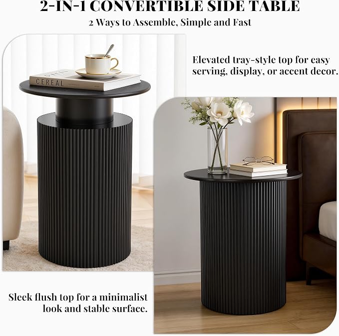 Round Side Table, 24" Fluted End Table with Storage, Mid Century Nightstand Modern Wood Bedside Accent Table, Farmhouse Circle End Tables for Home, Small Spaces, Bedroom, Living Room (Black) | Fluted End Table, Hidden Storage, Detachable Tray, Mid Cent...