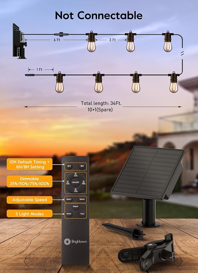 Minetom 34FT Solar String Lights Outdoor with Remote, Patio Lights | with 10 LED Shatterproof Bulbs and Hooks, E26 Socket and Type-C Port,Waterproof Hanging Lights for Outside Cafe Garden Bistro
