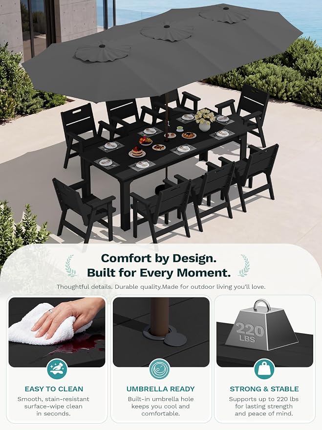 SERWALL HDPE Outdoor Dining Set for 8, 9 Pieces All-Weather Patio Furniture Set with Rectangular Dining Table and 8 Chairs, Water & Fade Resistant Outdoor Dining Set for Backyard, Deck, Balcony, Black