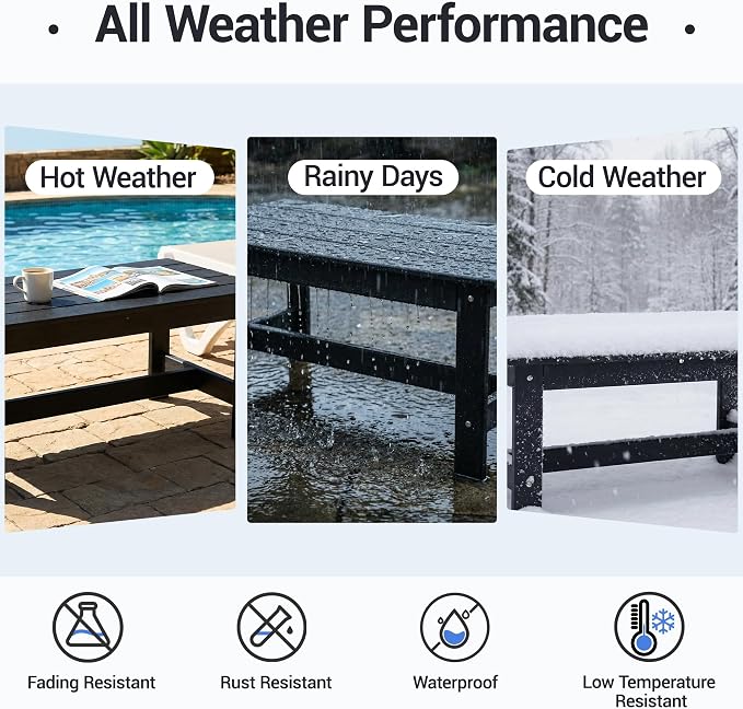 HDPE Outdoor Coffee Table, Rectangle Patio Coffee Table, All-Weather Side Table for Balcony, Poolside, Deck, Garden, Black, 37.7''L x 20.8''D x 17.7''H
