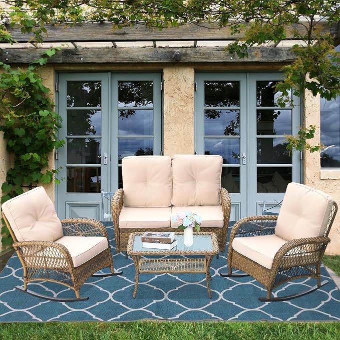 4-Piece Wicker Patio Furniture Sets Outdoor All-Weather Rattan Conversation Set Includes Glider Loveseat, Glass-Top Coffee Table, 2 Rocking Chairs with Thickened Cushions, Light Brown