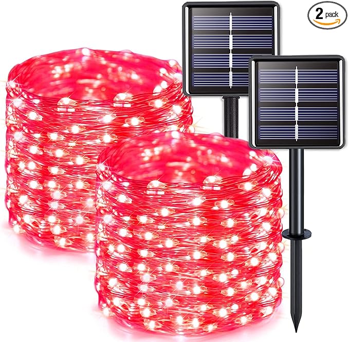 JMEXSUSS 2 Pack Solar Fariy Lights, Each 33FT 100 LED Red Halloween Lights | Outdoor Waterproof, 8 Modes Solar String Lights for Outside Tree Party Patio Garden Christmas Halloween Decorations