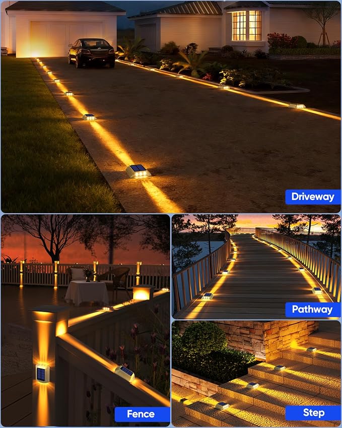 DetarZinLED Solar Deck Lights Outdoor IP68 Waterproof 8 Pack Amber Warm | Sturdy PC Shell, Stick on & Screw Mount, Markers Light for Outside Dock, Step, Walkway, Path, Sidewalk, Patio, pool, Driveway