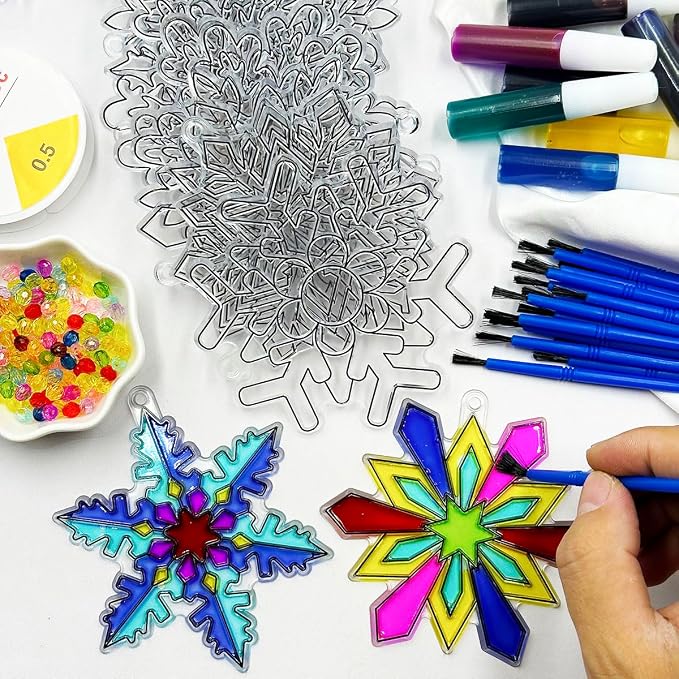 AUEKIV Snowflake Suncatcher Kit 32Sets Winter Snowflake Suncatchers Window Art Paint Sun Catchers DIY Craft Kit for Xmas Decoration Classroom Home Winter Christmas Holiday Art Project Party Favors