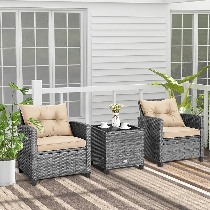 ORALNER 3 Pieces Patio Furniture, Outdoor Wicker Conversation Set Chairs with Soft Cushions and Glass Coffee Table, Mix Gray Rattan Bistro Set for Balcony Garden Deck Front Porch Poolside (Beige)