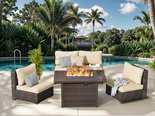 Grezone 5 Piece Patio Furniture Set with 44" Fire Pit Table, Outdoor Sectional Couch, PE Rattan Patio Conversation Sets with 4inch Cushions for Backyard Beige