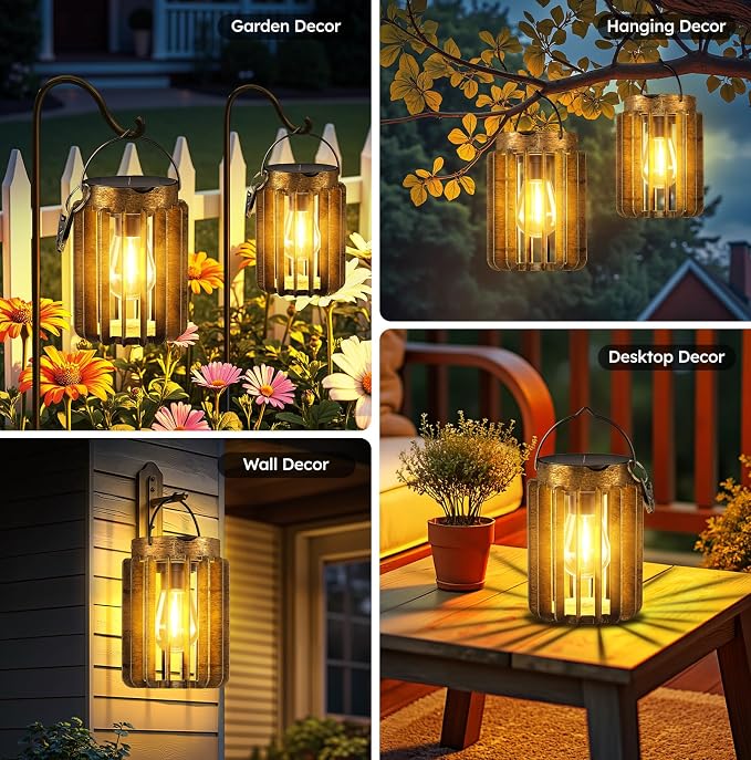 2 Pack Solar Lanterns Outdoor Waterproof, Retro Metal Hanging Lantern | 12-Hr Runtime Outdoor Solar Lantern, Auto On At Dusk, High Bright Hanging Solar Lights for Garden Porch Patio Yard Decor