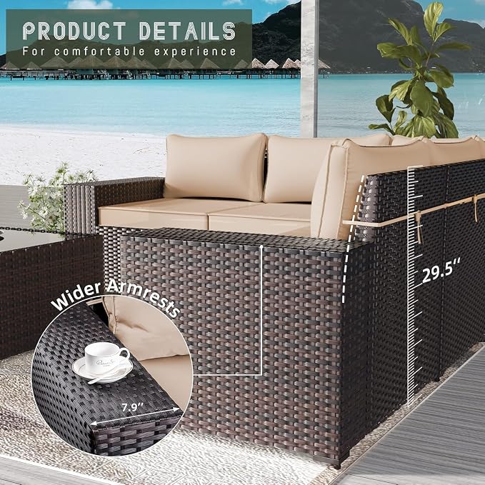 9 PCS Outdoor Patio Furniture Set,Outdoor Sectional Furniture All Weather PE Rattan Wicker Patio Conversation Set,Swivel Rocking Chairs Set,Sand