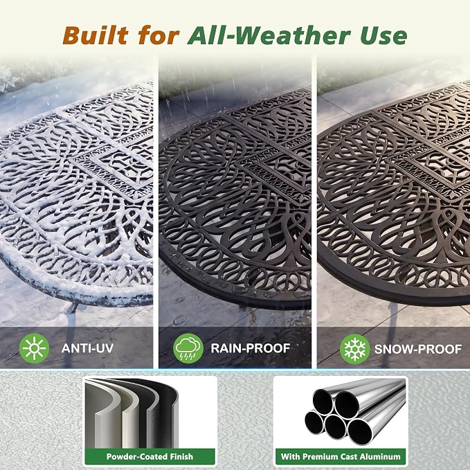 Patio Dining Table, 87" Outdoor Patio Table with Umbrella Hole Bronze Oval Cast Alluminum Patio Metal Dining Table, Outdoor Furniture for Backyard Lawn Balcony Deck