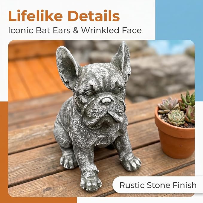 French Bulldog Statue, Grey, 16" Large Dog Garden Sculpture | Weatherproof Resin, Stone Effect, Realistic Frenchie Figurine, Outdoor Yard Patio Lawn Porch Decor