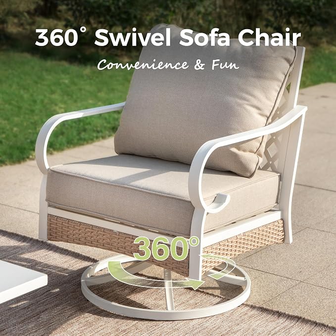 MIXPATIO 6 Piece Patio Furniture Set, 2 x Fixed Chair, 2 x Swivel Chair, 1 x 3-Seat Sofa with Marbling Coffee Table, All Cushioned Outdoor Conversation Set for Lawn Deck Backyard, Beige