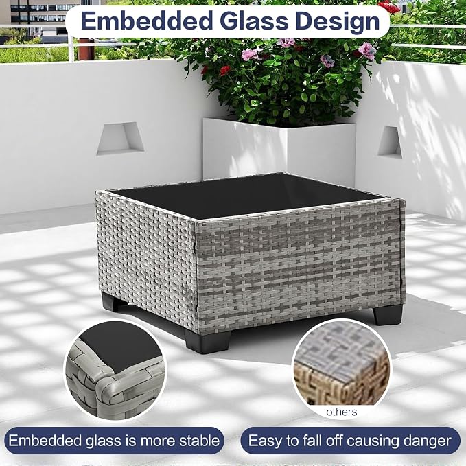 5-Piece Outdoor Patio Furniture Set, Gray PE Rattan Sectional Sofa with Navy Blue Cushions and Steel Frame, Coffee Table Included, Modular Outdoor Conversation Set for Patio Garden Poolside