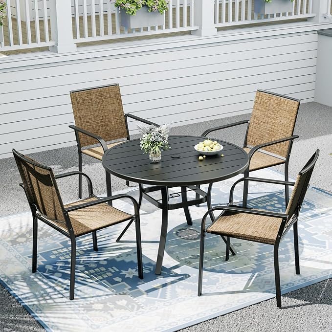 Outdoor Dining Table with 4-Piece Stackable Chairs,41" Round Patio Table with Adjustable Umbrella Hole,Stable Patio Dining Set for Home or Outside