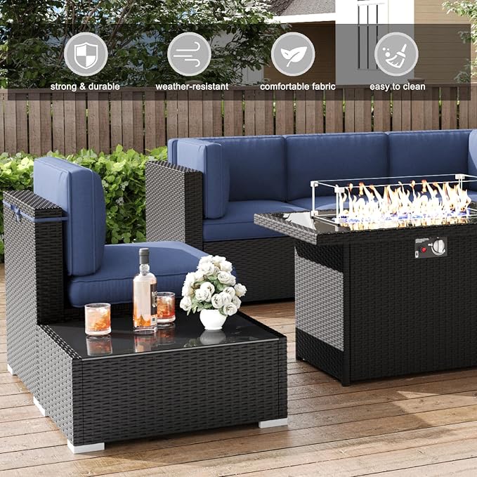 LayinSun 8 Pieces Patio Furniture Set with Fire Pit Table, Black Rattan Modular Sectional Patio Conversation Sofa Set