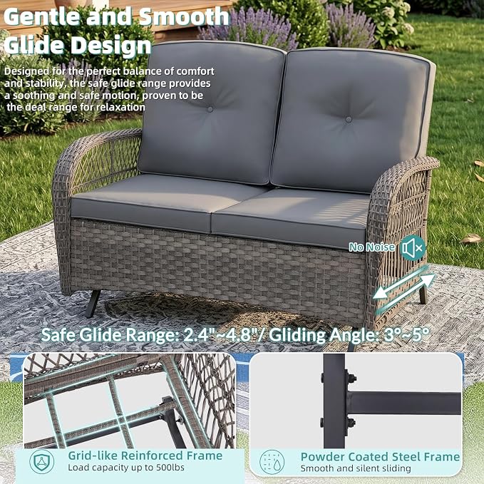 MEETWARM Outdoor Wicker Patio Glider Set, Loveseat for 2 Person Porch Furniture Glider with Glass-Top Coffee Table, Patio Glider Rocking Bench with Thickened Cushions, Gray