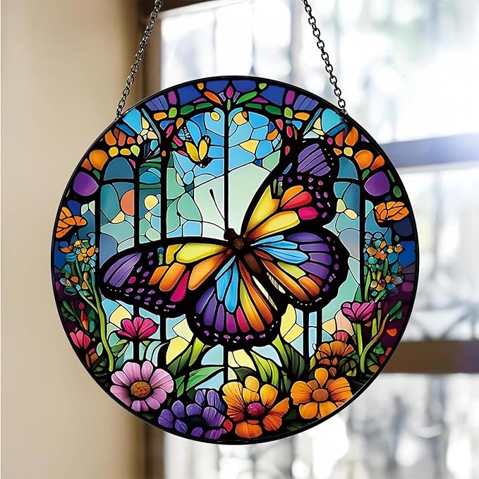 Colorful Butterfly Suncatcher -7.9 in Stained Glass Window Hanging Sun Catcher Garden Decor