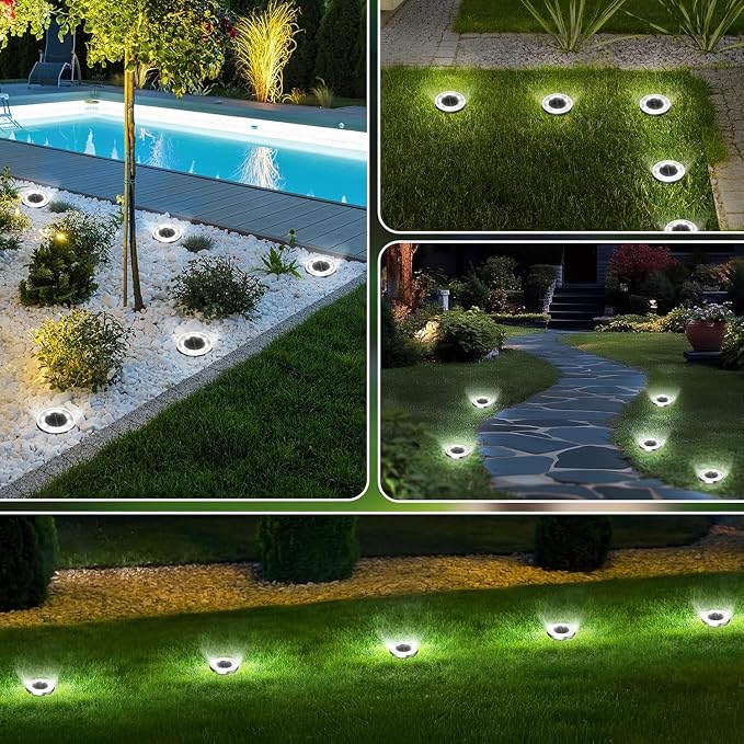 INCX 10Pack Solar Ground Lights Outdoor, 8 LED, IP65 Waterproof, Cold White | 600mAh Ni-MH battery, 8-10h runtime, stainless steel, ABS and PP body, solar garden lights for pathways, lawns and driveways