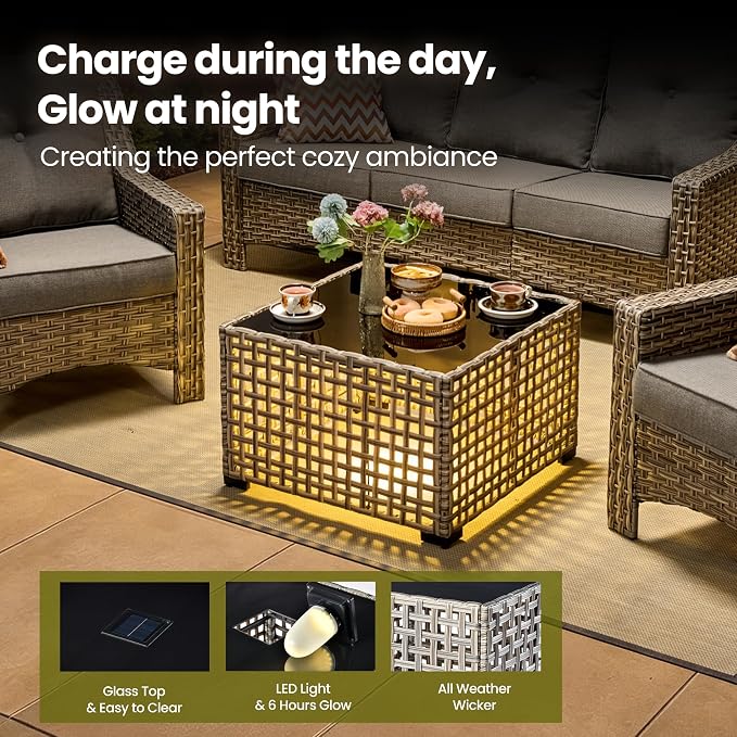 4 Piece Patio Furniture Set with Solar Light Coffee Table, Heavy Duty Wicker High Back Sofa Chairs with Thick Cushion, Small Outdoor Conversation Sets for Backyard Garden Porch, Dark Gray