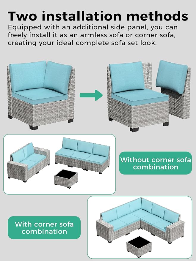 10 Piece Outdoor Wicker Sectional Sofa Set with Swivel Chairs & Fire Pit Table, 7-Seats with 4" Thickened Cushions & Coffee Table, All-Weather PE Rattan for Garden, Backyard, Porch, Turquoise