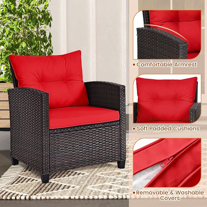 3-Pieces Patio Furniture Set, PE Wicker Chairs Sofa Set with Removable Cushions & Glass Top Side Table, Outdoor Wicker Rattan Conversation Chair for Porch,Backyard, Balcony (Red)
