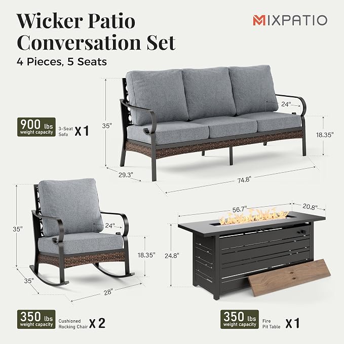 MIXPATIO Patio Furniture Set with Fire Pit Table, 4 PCS Metal Outdoor Conversation Set with 5.75'' Extra Thick Cushion, 2 Rocking Chairs, 3-Seat Sofa and Gas Fire Pit Table, Grey