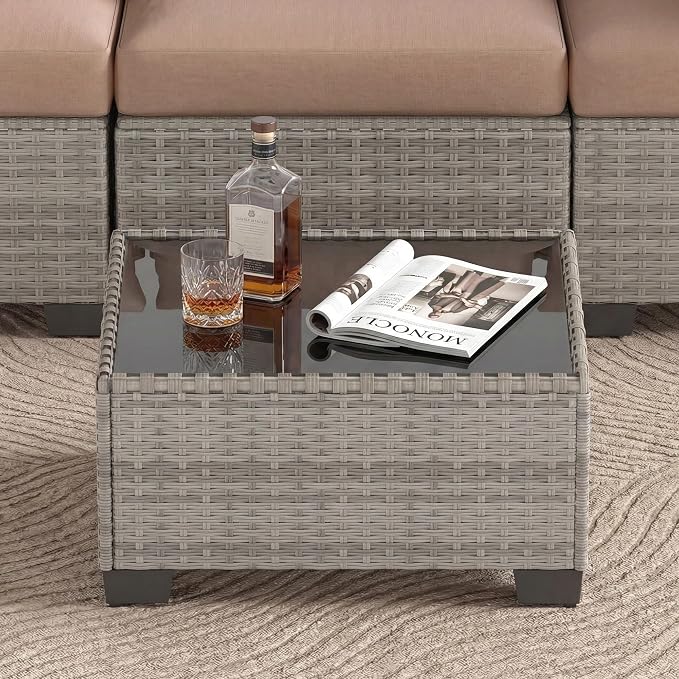 Patio Furniture Set, 7-Piece Outdoor Sectional Couch with Coffee Table & Thick Cushions, Outdoor Wicker Conversation Set for Backyard, Poolside, Garden (Grey White-Camel, 7 Piece-Single)