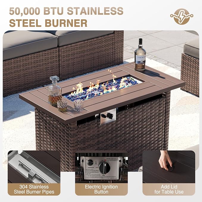 Aoxun Patio Furniture Sets, 8-Piece Outdoor Patio Furniture with 44'' Propane Gas Firepit Table, Wicker Outdoor Conversation Set Sectional Sofa for Backyard, Poolside, Garden