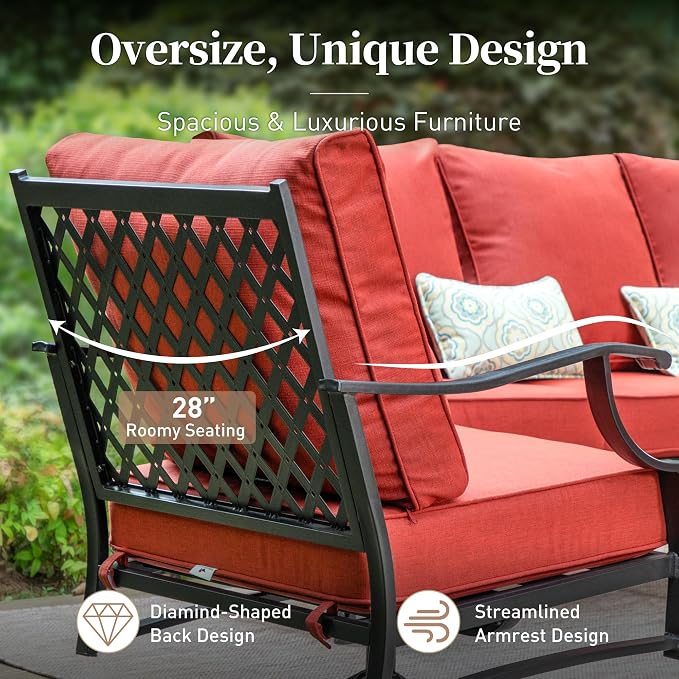 SUNSHINE VALLEY 6 Piece Metal Outdoor Patio Furniture Set, Patio Conversation Sets 1 3-Seater Sofa, 2 Swivel Chair, 2 Leg Chair with 5.75" Thick Cushion and Coffee Table, Backyard Furniture Set, Red