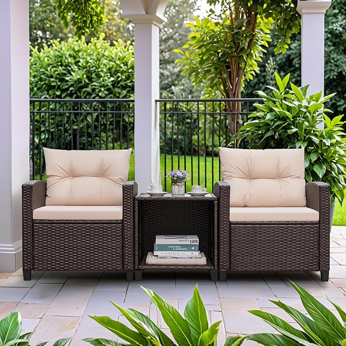 Greesum 3 Pieces Patio Furniture Sets Outdoor PE Rattan Wicker Chairs with Soft Cushion and Glass Coffee Table for Garden Backyard Porch Poolside, Beige