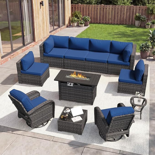Aoxun 11 Piece Outdoor Patio Furniture Set with 44'' Fire Pit Table, Wicker Rattan Outdoor Furniture with High Back Swivel Rocker Chairs, Outdoor Sofa Set with Thick Cushion & Side Table, Navy Blue