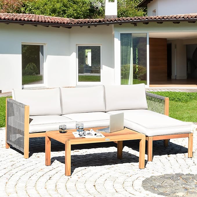 Tangkula L Shape Outdoor Furniture Set, 3 Piece Acacia Wood Patio Conversation Set, with 2 loveseats and Coffee Table, Garden Backyard Poolside Patio Seating Set (White)
