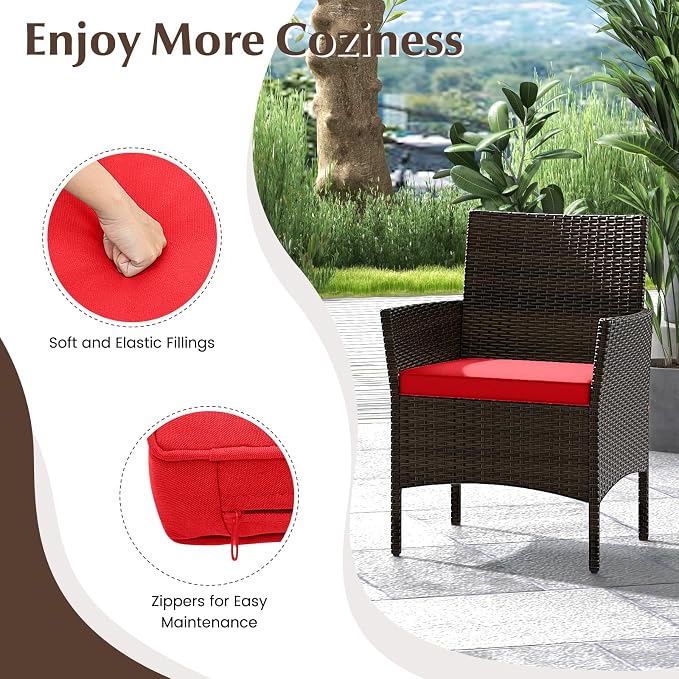 Tangkula 4 Piece Patio Rattan Conversation Set, Outdoor Wicker Furniture Set with Chair, Loveseat & Tempered Glass Table, Cozy Seat Cushions, Outside Sectional Sofa Set for Backyard, Porch (1, Red)