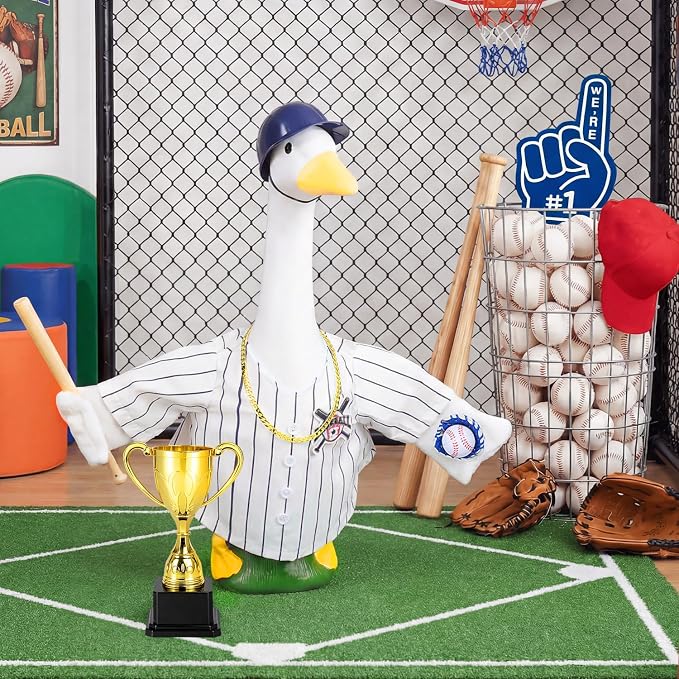 MOVINPE Baseball Goose Outfit for 23" Porch Goose Statue, Blue & White Pinstripe Team Uniform Set with Bat, Glove, Helmet, #1 Yard Sign & Trophy – Sports Lawn Decor Outdoor Patio Yard Decor