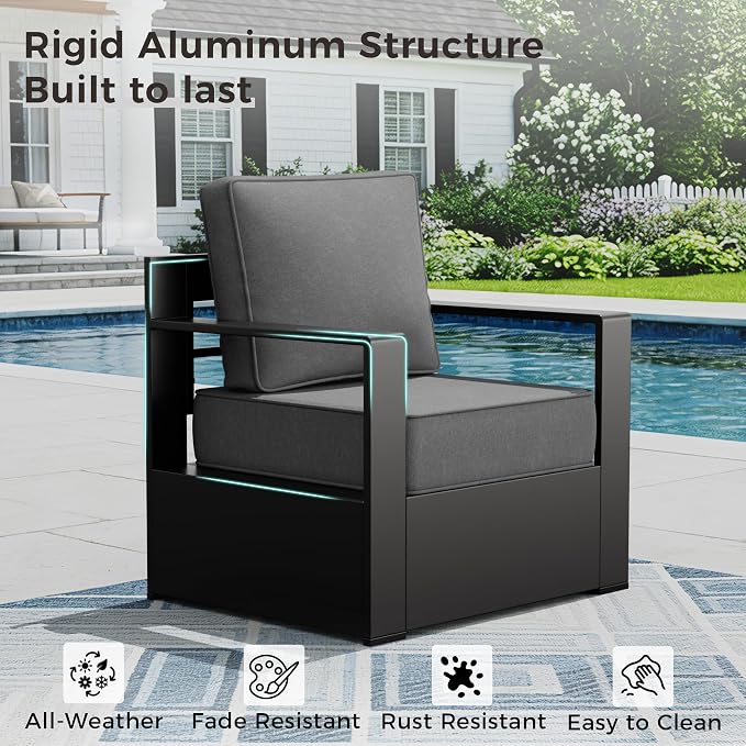 Outdoor Patio Furniture Set, 5-Piece Aluminum Patio Conversation Set All-Weather Metal Outdoor Sectional with 6 Inch Thick Cushions, Deep Setting for Garden, Outside and Porch, Grey