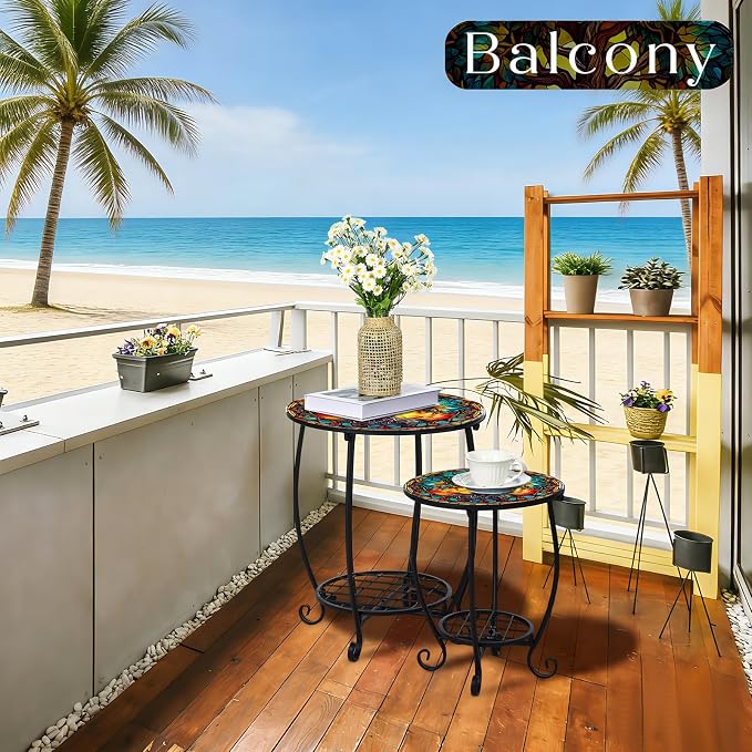 Cinnvoice 2 Pcs Outdoor Side Table Small Patio Round Mosaic Accent End Table Indoor Plant Metal Coffee Tea Tables for Patio Yard Porch Garden Living Room(12" and 16",Tree of Life)