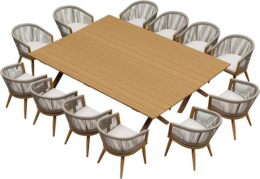 PURPLE LEAF Outdoor Dining Set for 12 All-Weather Aluminum 14 Piece Furniture Sets with Woodgrain Oversized Table and Rope Weave Chairs Included Cushions for Backyard Indoor Patio Set Teak Color