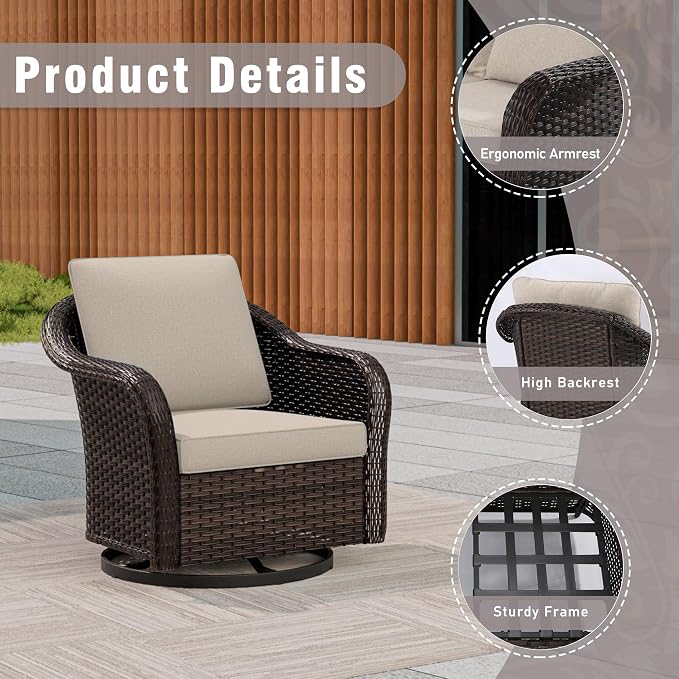 4 Piece Patio Wicker Conversation Set, 2 All-Weather Use Outdoor Wicker Swivel Chairs with 2 PE Rattan Ottomans,Ideal for Porch, Backyard, Balcony, Poolside, Beige