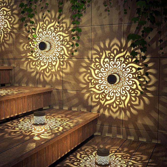 gardencave 4 Pack Solar Fence Lights Metal Solar Powered Outdoor Wall Deck Step Lights Mandala Theme Waterproof Fence Light for Garden Post Patio Backyard Decor (4 Pack)