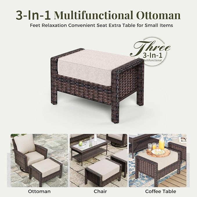 MIXPATIO 6-Piece Wicker Patio Furniture Set with Swivel Chairs, High Back Outdoor Furniture with 57'' Fire Pit Table and Ottoman, All-Weather Wicker Patio Conversation Set for Deck Yard Pool, Beige