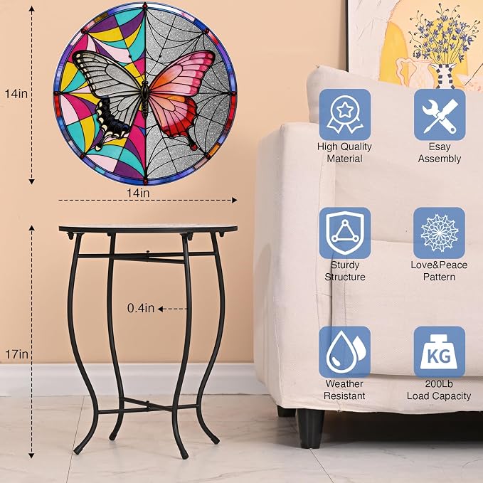 Outdoor Side Table, Indoor Outdoor Small Round Table, Weather Resistant Black Metal Side Table for Livingroom Patio Balcony Yard Porch Garden, 14” Diameter and 17” H Patio Accent Table Plant Stand