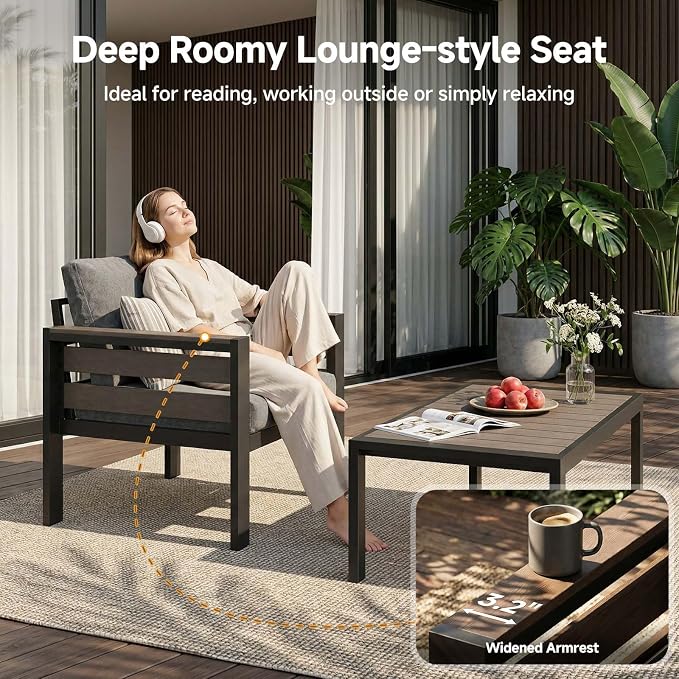 Outdoor Aluminum Patio Furniture Armchair, 2Pcs Patio Conversation Armchair with Thick Washable Cushions and 15.2"H Supported Back, Oversized 3.2” Widened Armrest for Backyard Porch Deck Dalcony